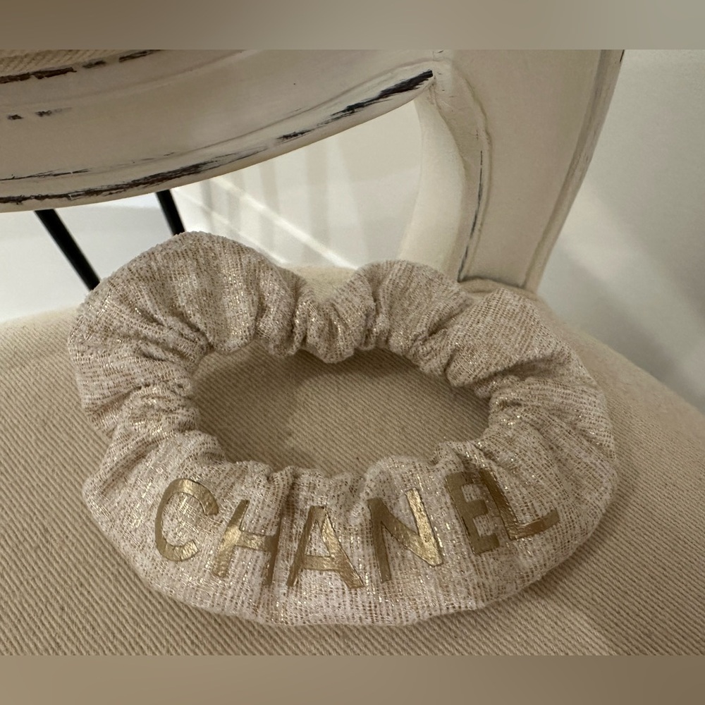 CHANEL Beige Tweed Hair Accessory with Gold Lettering NWT